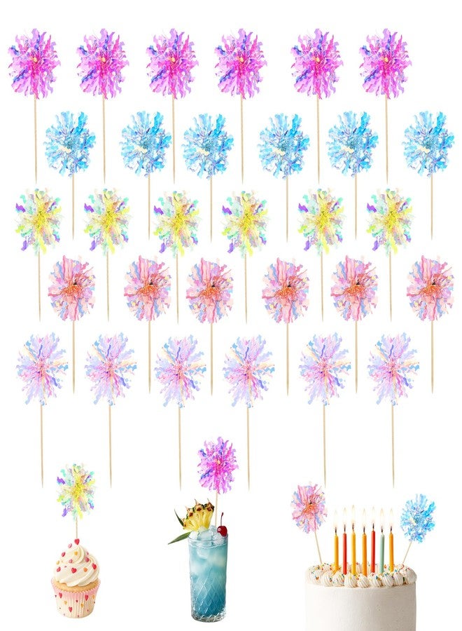Aysatogc 30 Pcs Foil Firework Cupcake Toppers, Happy Birthday Cake Toppers Sparkle Tinsel Firework Cake Toppers Cocktail Food Fruit Toothpick for Cakes Decoration Party Supplies - Image 1