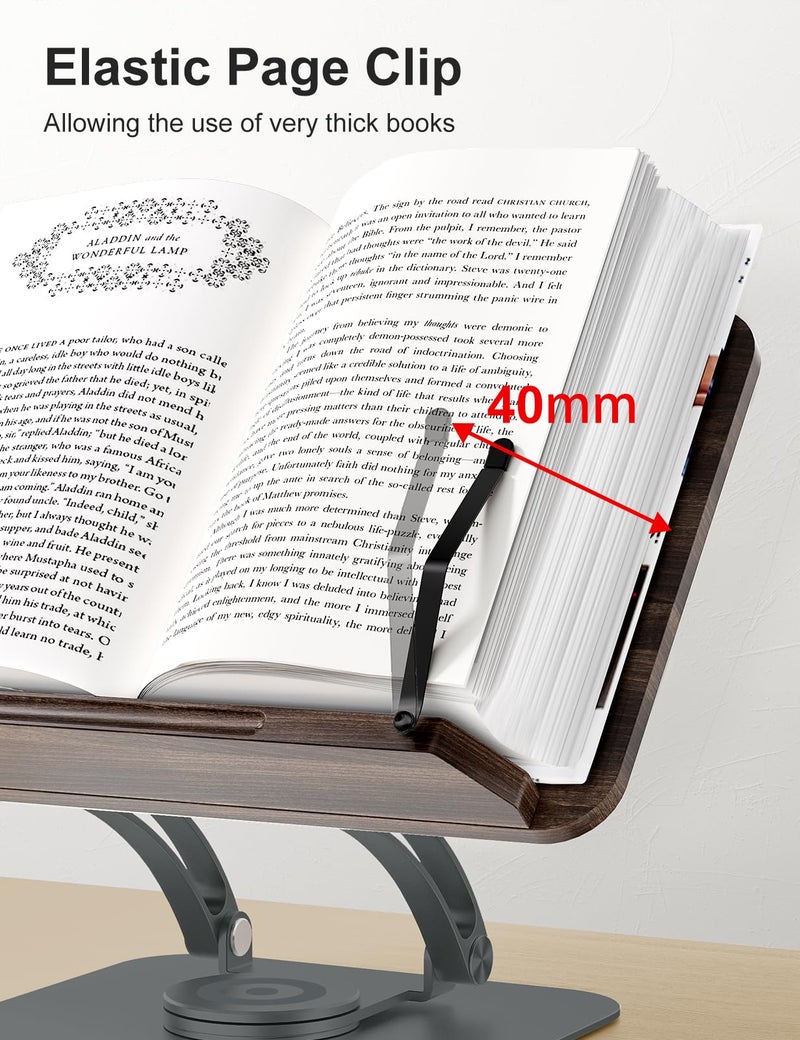 Tounee Book Stand for Reading, Adjustable Book Holder with 360Â° Swivel Base, Foldable Cookbook Stand Recipe Book Holder with Elastic Page Clips for Music Scores, Recipe, Tablet, Laptop-Gray - Image 5