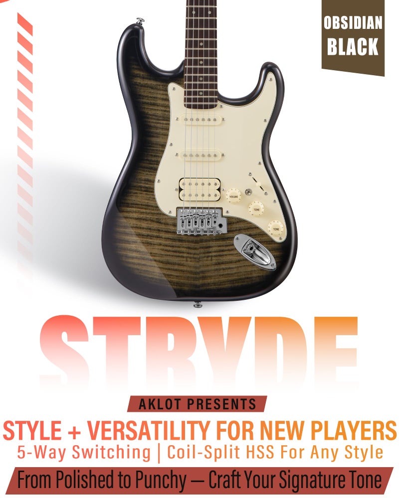 AKLOT Beginner Electric Guitar Kit: 10W Amp, Coil-Split HSS Pickups, Lesson Book, Roasted Maple Neck, Gig Bag, Tuner, Strap, Picks, Stryde Obsidian Black - Image 3