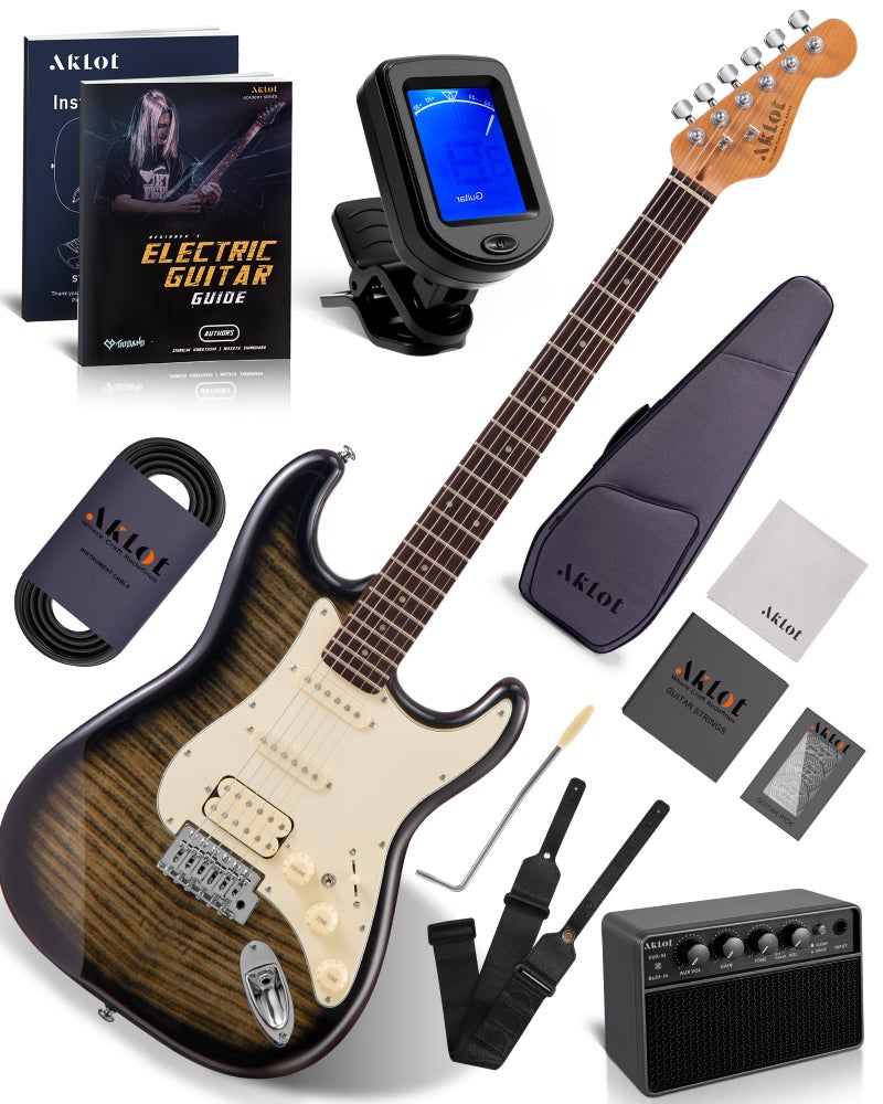 AKLOT Beginner Electric Guitar Kit: 10W Amp, Coil-Split HSS Pickups, Lesson Book, Roasted Maple Neck, Gig Bag, Tuner, Strap, Picks, Stryde Obsidian Black - Image 1