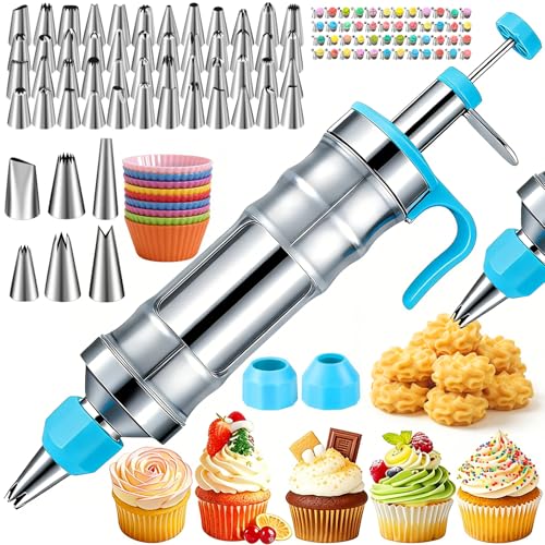 Suuker Dessert Decorating Syringe Set Frosting Piping Kit Stainless Steels Cake Decorating Tools with 54 Piping Tips 9 Silicone Baking Cups Cupcake Decorating Kit - Image 1