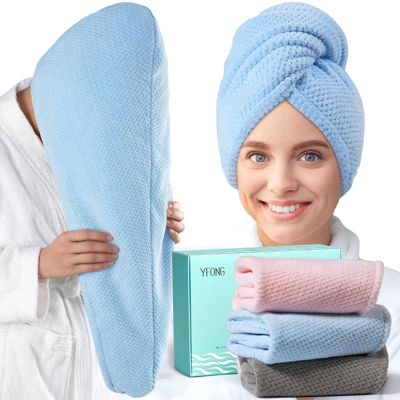 YFONG 3 Pack Large Microfiber Hair Towel Wrap 30 x 10 Thicker Anti Frizz Quick Dry Hair Towels for Women Long Curly Thick Hair Super Absorbent Hair Turban for Wet Hair Grey Pink Blue