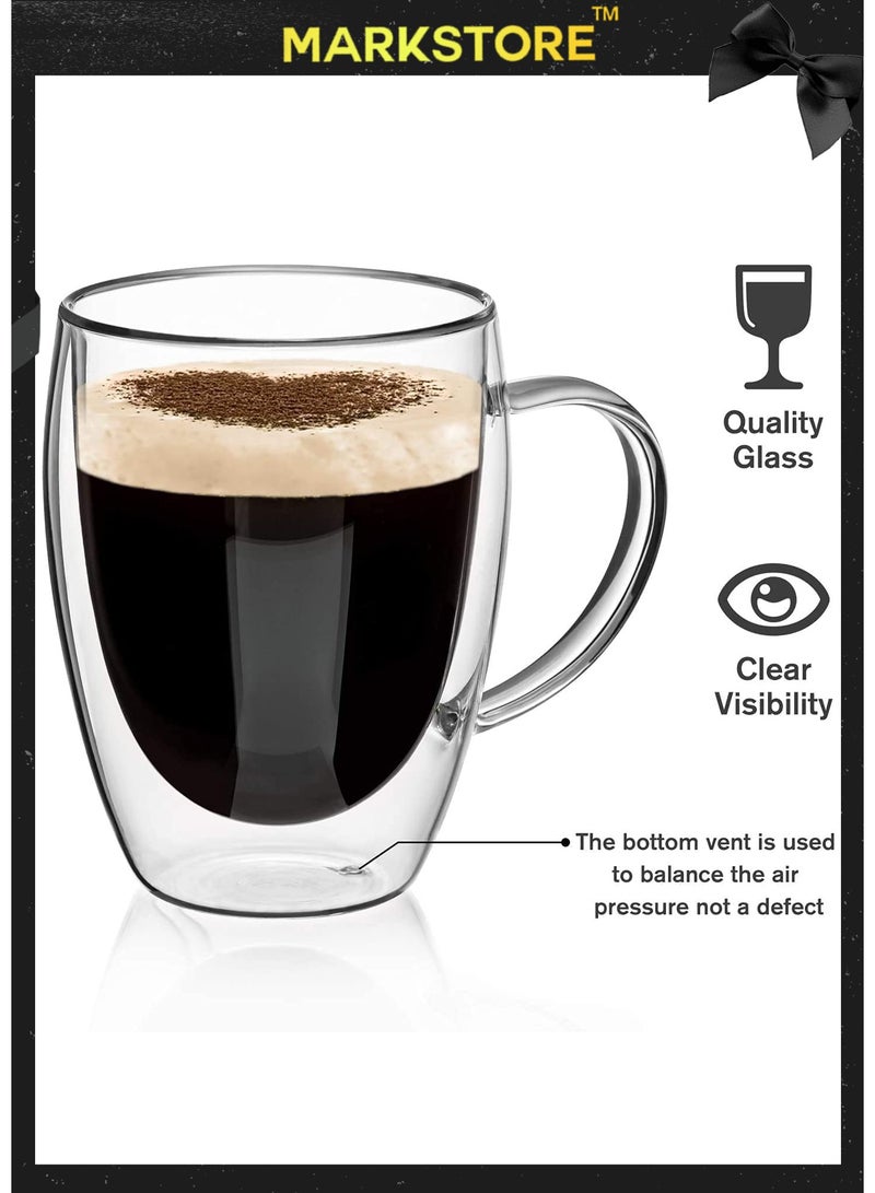 مارك ستور أكواب قهوة زجاجية مزدوجة الجدار بمقبض، أكواب قهوة شفافة بطبقة معزولة، أكواب مزدوجة الطبقة من البورسليكات للإسبريسو والكابتشينو والشاي، بأحجام متعددة - Image 4