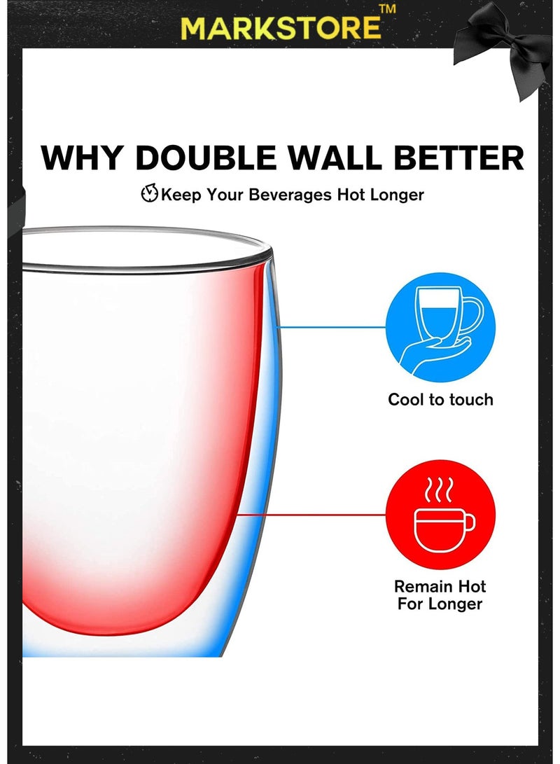 مارك ستور أكواب قهوة زجاجية مزدوجة الجدار بمقبض، أكواب قهوة شفافة بطبقة معزولة، أكواب مزدوجة الطبقة من البورسليكات للإسبريسو والكابتشينو والشاي، بأحجام متعددة - Image 3