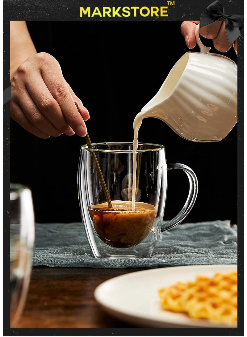 مارك ستور أكواب قهوة زجاجية مزدوجة الجدار بمقبض، أكواب قهوة شفافة بطبقة معزولة، أكواب مزدوجة الطبقة من البورسليكات للإسبريسو والكابتشينو والشاي، بأحجام متعددة - Image 2