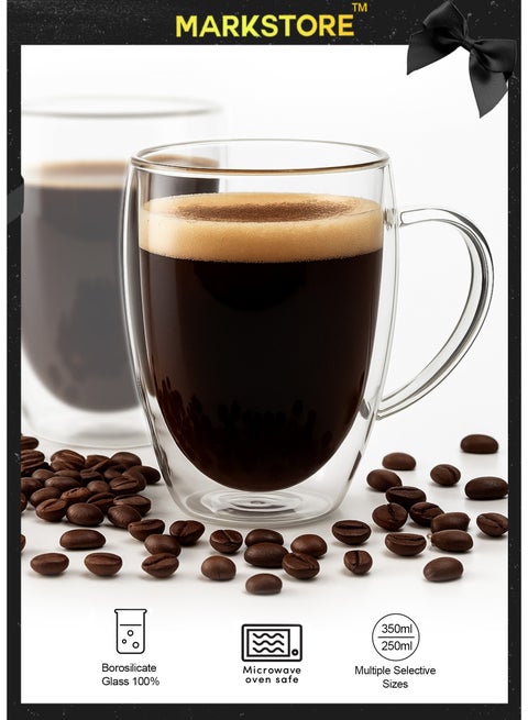 Double Wall Glass Coffee Cups with Handle, Insulated Layer Clear coffee mugs, Borosilicate Double-layer Mugs for Espresso,Cappuccino And Tea, Multiple Sizes