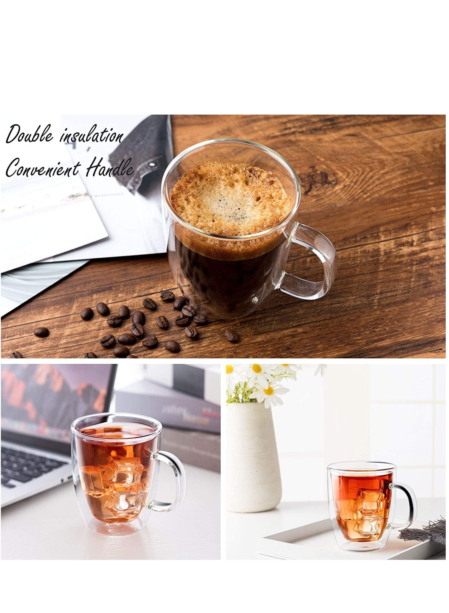 Double Wall Glass Coffee Mugs with Handle Insulated Coffee Glass Clear Espresso Cups  eat-resistant Double-layer Milk Mugs Tea Cups Set of Cups Dishwasher Microwave Safe 