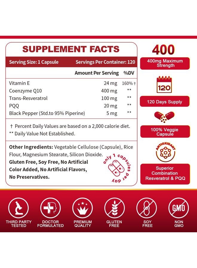 ZEBORA CoQ10-400 ملغ مع ترانس-ريسفيراترول، PQQ وفيتامين E - إنزيم Q10 عالي الامتصاص مع BioPerine - مضاد أكسدة قوي لصحة القلب وإنتاج الطاقة - Image 2
