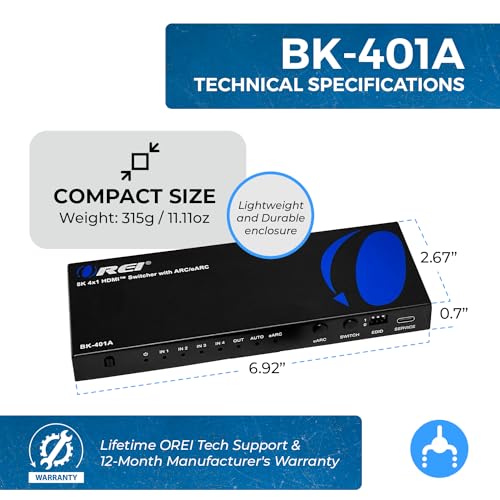 OREI 8K eARC HDMI 2.1 Switch 4x1, Switcher with Audio Extractor UltraHD Supports Upto 4K @ 120Hz PS5, Xbox, Gaming, Remote Contorl IR EDID HDCP 2.3 - Optical Out, L/R Headphones (BK-401ARC) - Image 5