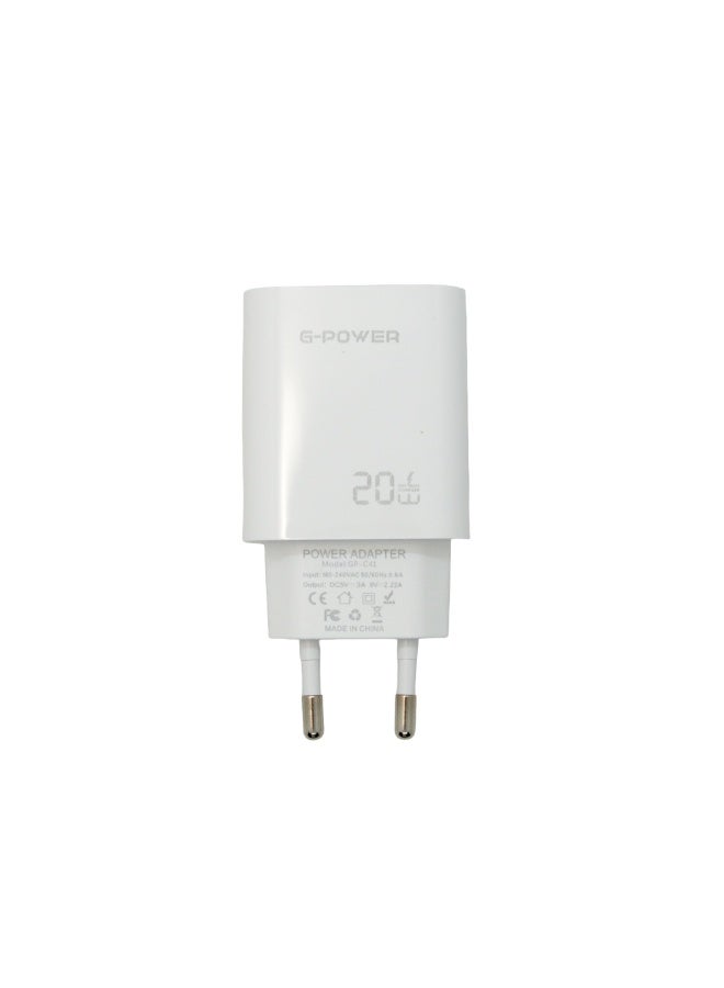 جي باور شاحن سريع G-Power GP-C41 GaN بقدرة 20 وات مع كابل USB-A إلى USB-C، متوافق مع أجهزة Apple iPhone 17/16/15 Series وiPad Pro وUSB-C MacBook وSamsung Galaxy وPixel والأجهزة اللوحية - أبيض - Image 3