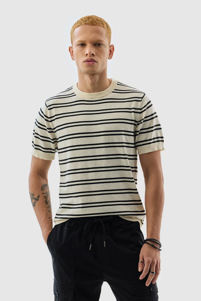 سنيتش Off White Striped Half Sleeve Slim Fit Casual T-Shirt