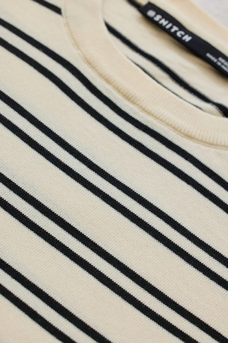سنيتش Off White Striped Half Sleeve Slim Fit Casual T-Shirt