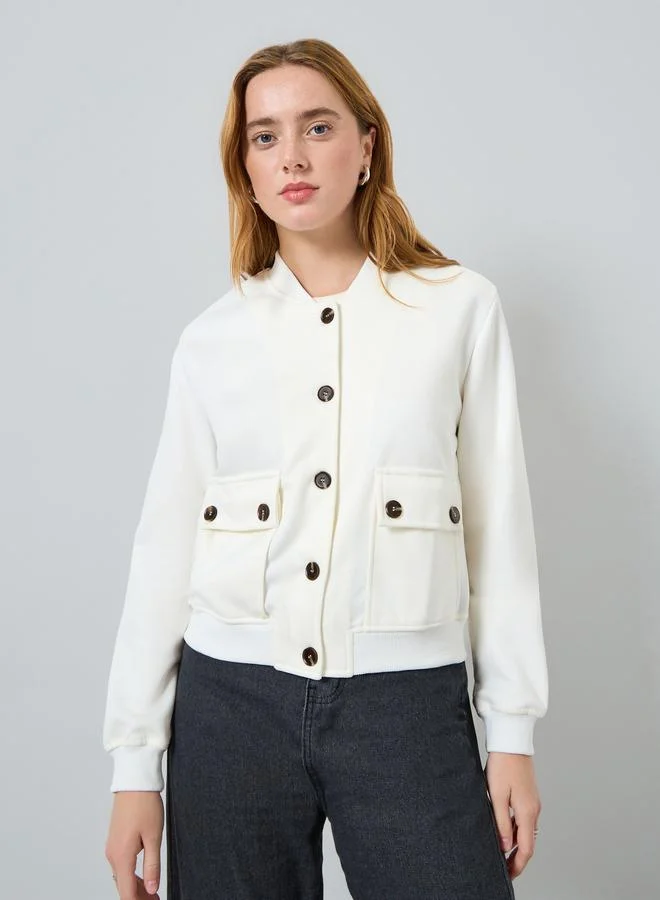 Take Two Women Solid Button Front Long Sleeve Jacket