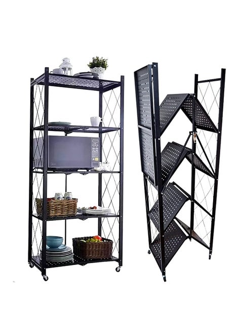 Folding Shelf with Wheels, 5 Tier Foldable Storage Trolley Unit, Wheels 250 kg Load Capacity, Storage Shelf, Metal Shelf, Black, Folding Shelf for Kitchen, Office