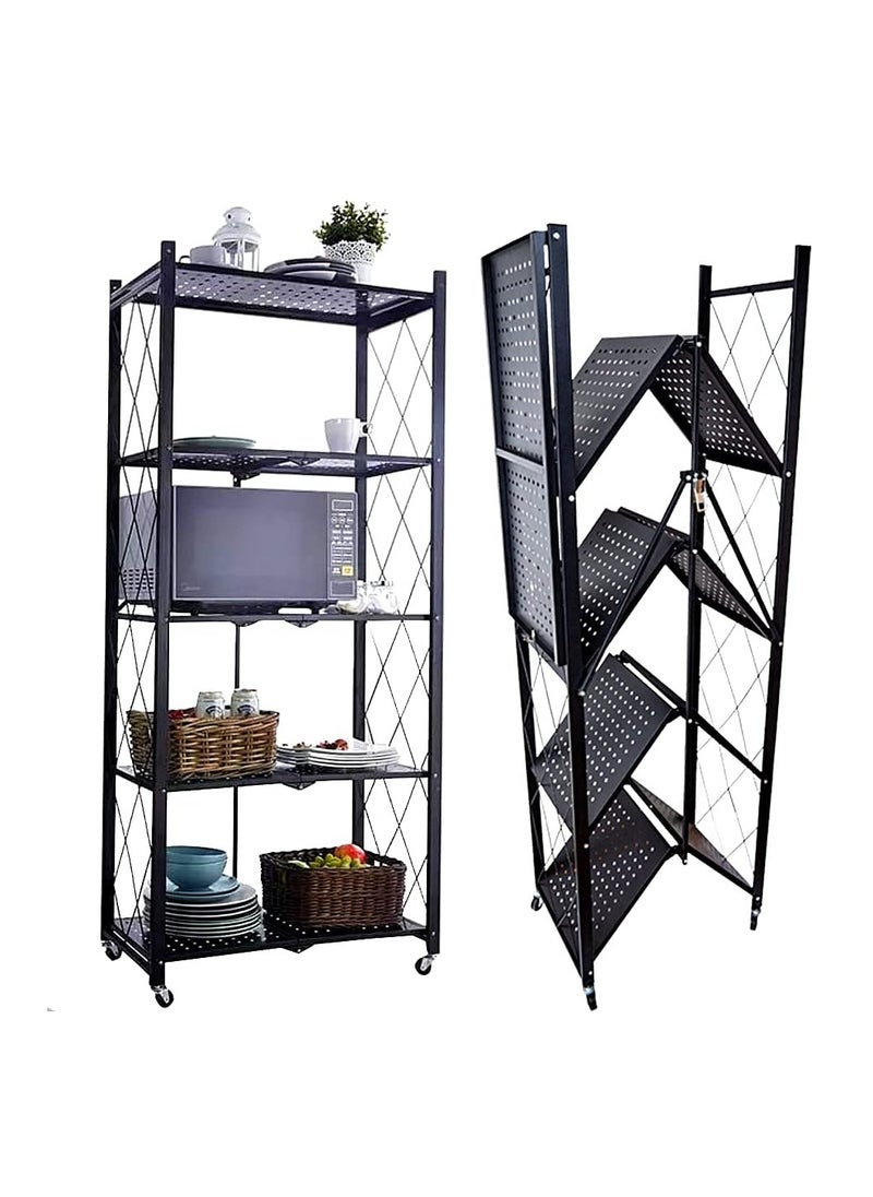 Folding Shelf with Wheels, 5 Tier Foldable Storage Trolley Unit, Wheels 250 kg Load Capacity, Storage Shelf, Metal Shelf, Black, Folding Shelf for Kitchen, Office
