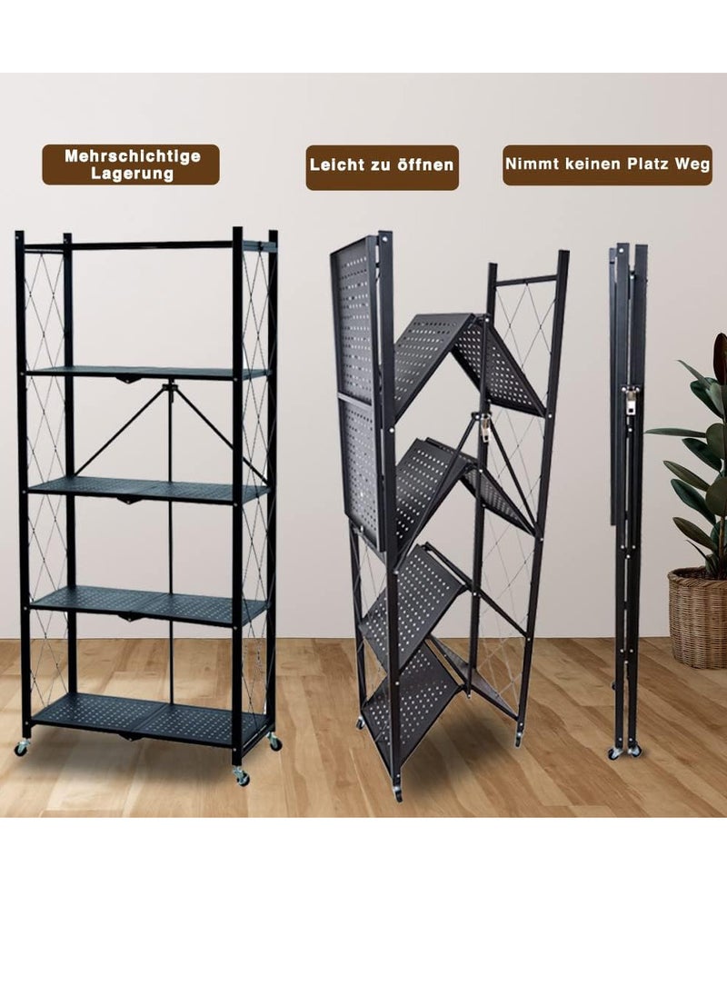 Folding Shelf with Wheels, 5 Tier Foldable Storage Trolley Unit, Wheels 250 kg Load Capacity, Storage Shelf, Metal Shelf, Black, Folding Shelf for Kitchen, Office