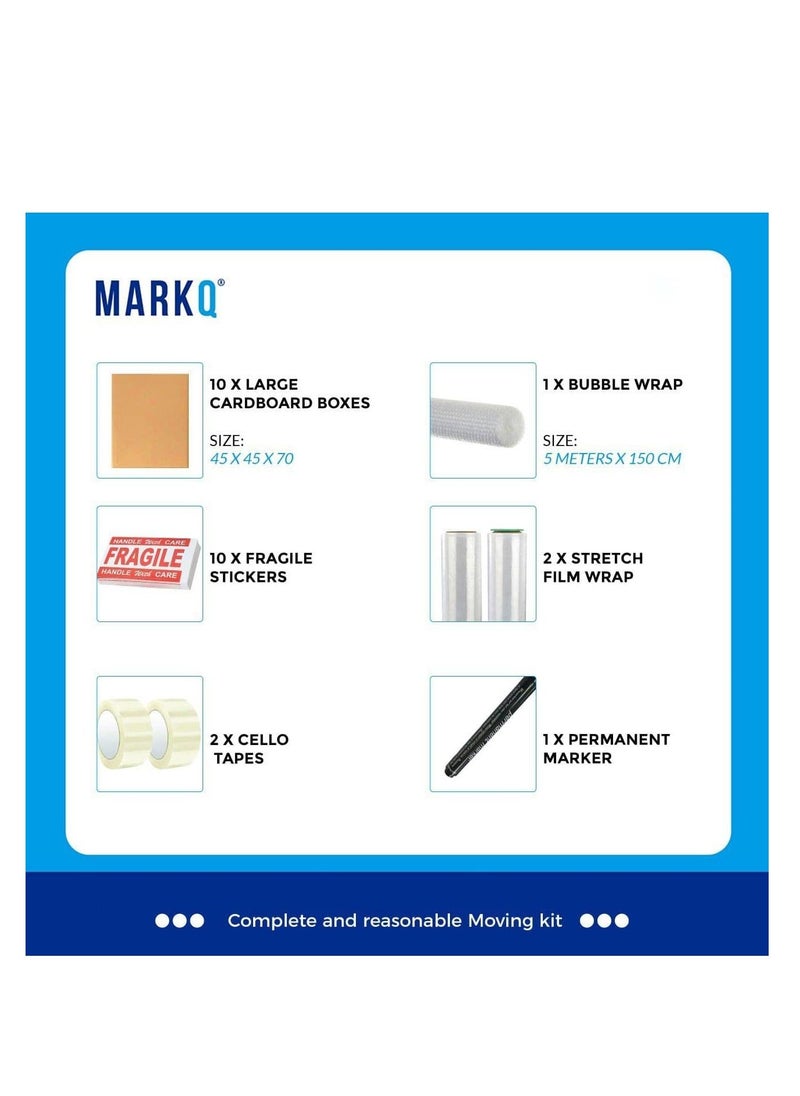 MARKQ - [10 Boxes]45x45x70cm Large Double Wall 100% Recyclable Corrugated Cardboard Boxes with Bubble Wrap, Stretch Film, Tape, Marker, Fragile Stickers-Moving kit/Brown Carton - Image 1