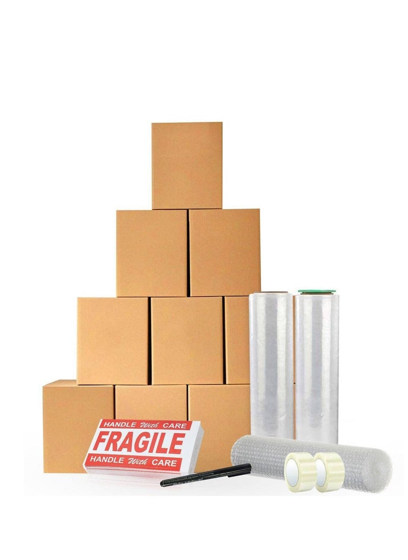 MARKQ - [10 Boxes]45x45x70cm Large Double Wall 100% Recyclable Corrugated Cardboard Boxes with Bubble Wrap, Stretch Film, Tape, Marker, Fragile Stickers-Moving kit/Brown Carton - Image 1