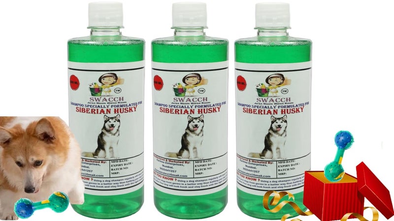 swacch Siberian Husky Dog Shampoo + Dumbbell Toy I Durable Rubber Dog Toy for Chewing I Playing,Teeth Cleaning & Training Toy I Combo Pack I 500ml Pack of 3 Neem Alovera - Image 1