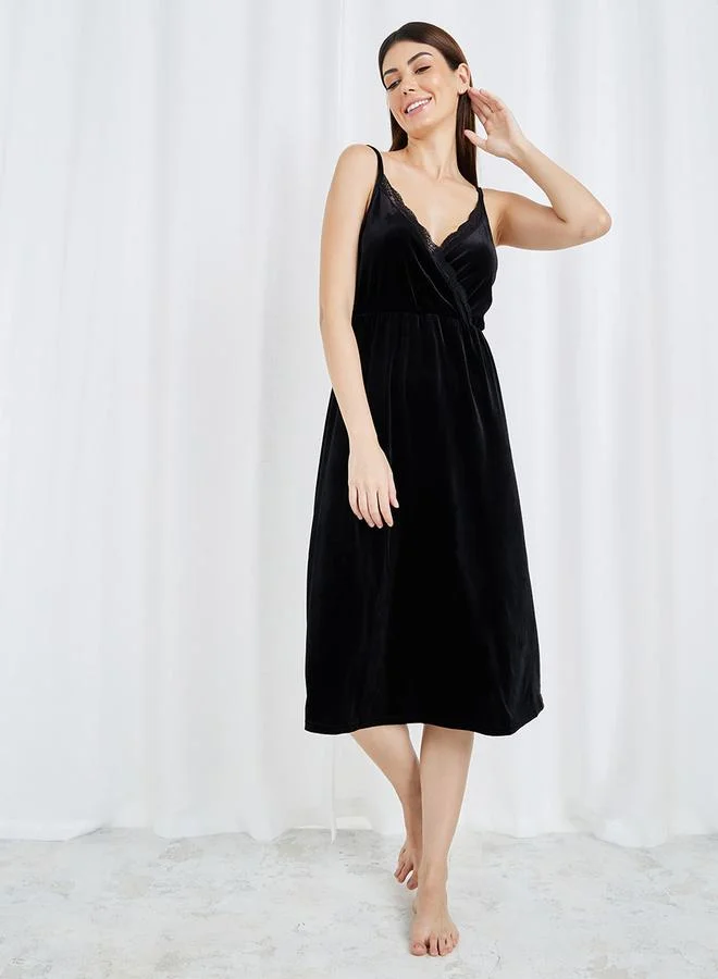 Styli Velvet Lace Trim Cami Slip Dress