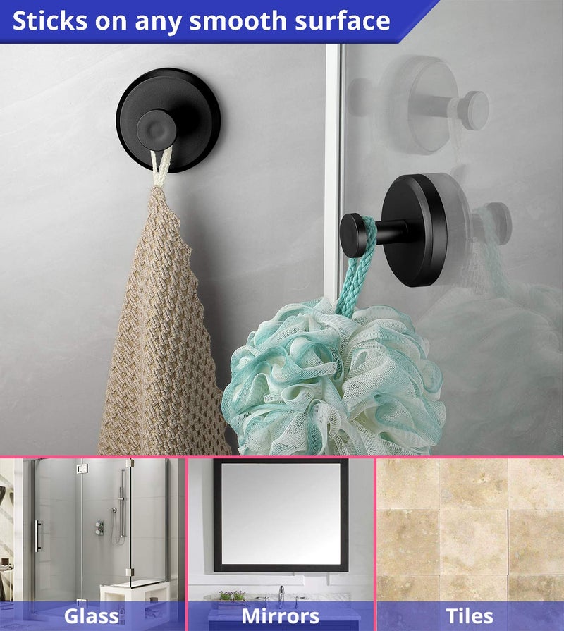 HOME SO Suction Cup Hooks for Shower, Bathroom, Kitchen, Glass Door, Mirror, Tile â€“ Loofah, Towel, Coat, Bath Robe Hook Holder for Hanging up to 15 lbs â€“ Waterproof & Rustproof, Matte Black (2-Pack) - Image 3