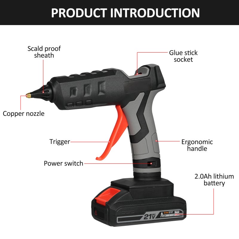 Cordless Hot Melt Glue Machine: Black & Grey, 21V 2.0Ah Rechargeable Battery, Fast 2-3 Min Preheating - Ergonomic Lightweight Grip, Copper Nozzle For Safe Smooth Glue Discharge for DIY Crafts, Home Re - Image 3