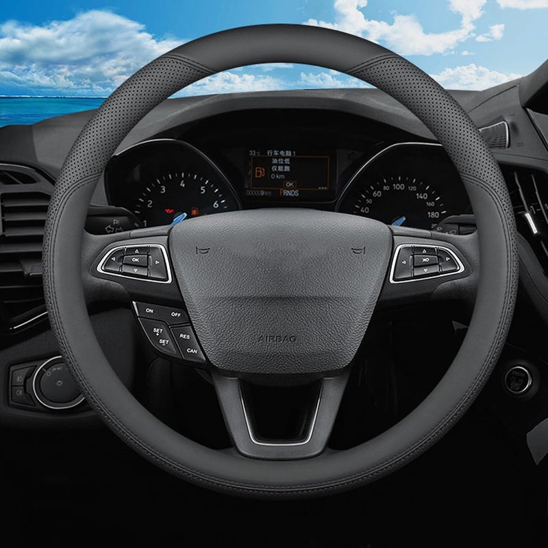 SZYUCHEN Steering Wheel Cover for Ford Mustang Fusion BroncoBronco Sport Maverick Ranger Edge Explorer Escape Focus Transit Ecosport Connect Fiesta Car Interior Accessories 2026 Black Leather - Image 2