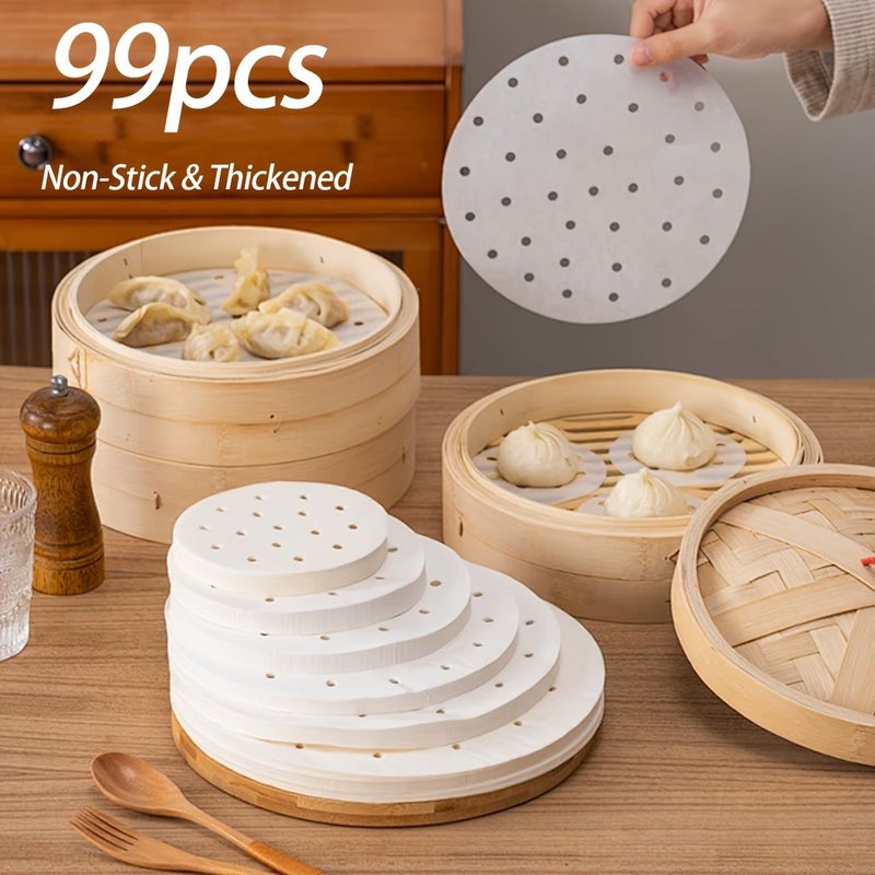 99 Pcs White 15cm Non Stick Perforated Steamer Paper Liners For Air Fryer Disposable Oil Proof High Temperature Resistant Food Grade - Image 1