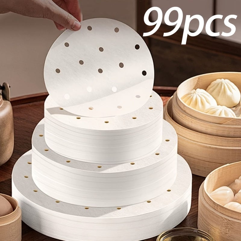 99 Pcs White 15cm Non Stick Perforated Steamer Paper Liners For Air Fryer Disposable Oil Proof High Temperature Resistant Food Grade - Image 2