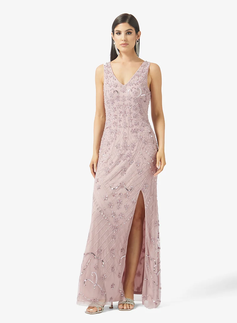 Namshi x Beaded Embellished Plunge Neck Dress