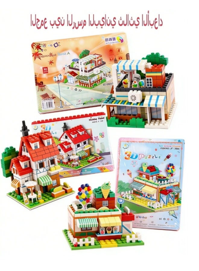 3 Pack Creative 3D Puzzle Student Cartoon DIY Handmade Children's 3-6 Year Old Early Education Puzzle Toy, Ice Cream Shop+Supermarket+Holiday Inn - Image 1