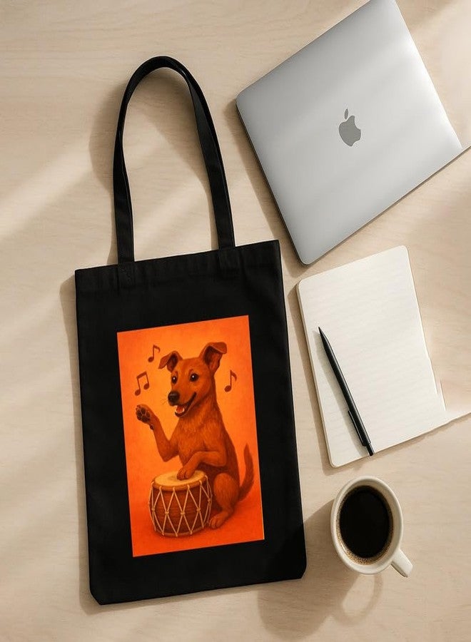 Megrok Drumming Dog Tote Bag for Women | Front A4 Size Printed Pocket | 16x14 Inch Musical Cotton Bag | Concert-Going Pet Lover - Image 5