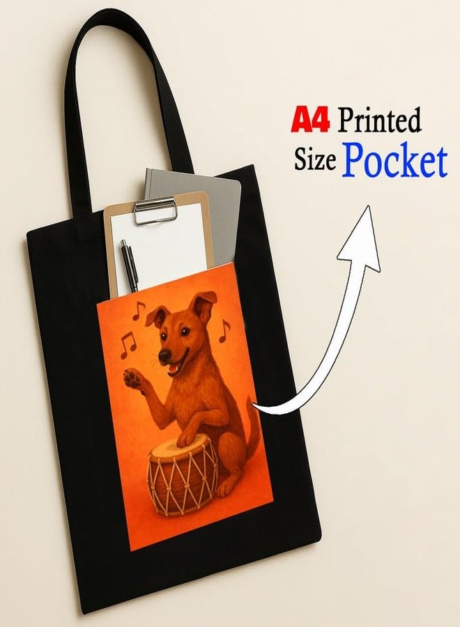 Megrok Drumming Dog Tote Bag for Women | Front A4 Size Printed Pocket | 16x14 Inch Musical Cotton Bag | Concert-Going Pet Lover - Image 2