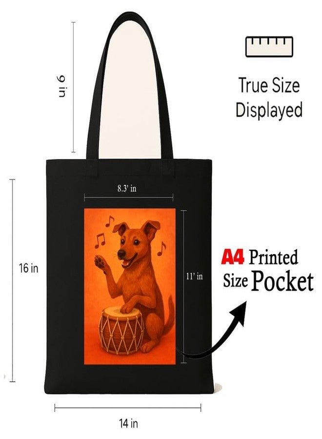 Megrok Drumming Dog Tote Bag for Women | Front A4 Size Printed Pocket | 16x14 Inch Musical Cotton Bag | Concert-Going Pet Lover - Image 3