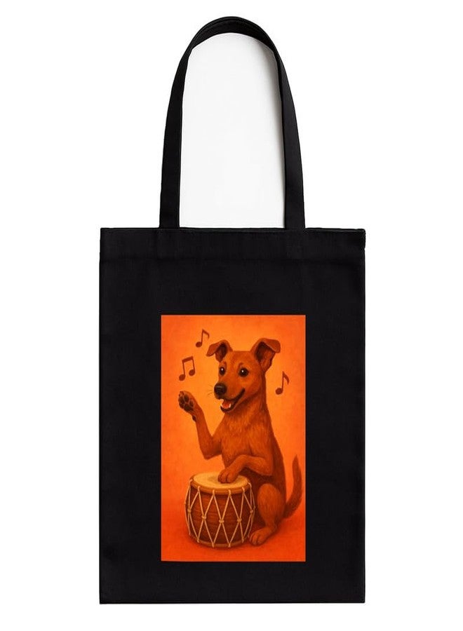Megrok Drumming Dog Tote Bag for Women | Front A4 Size Printed Pocket | 16x14 Inch Musical Cotton Bag | Concert-Going Pet Lover - Image 1