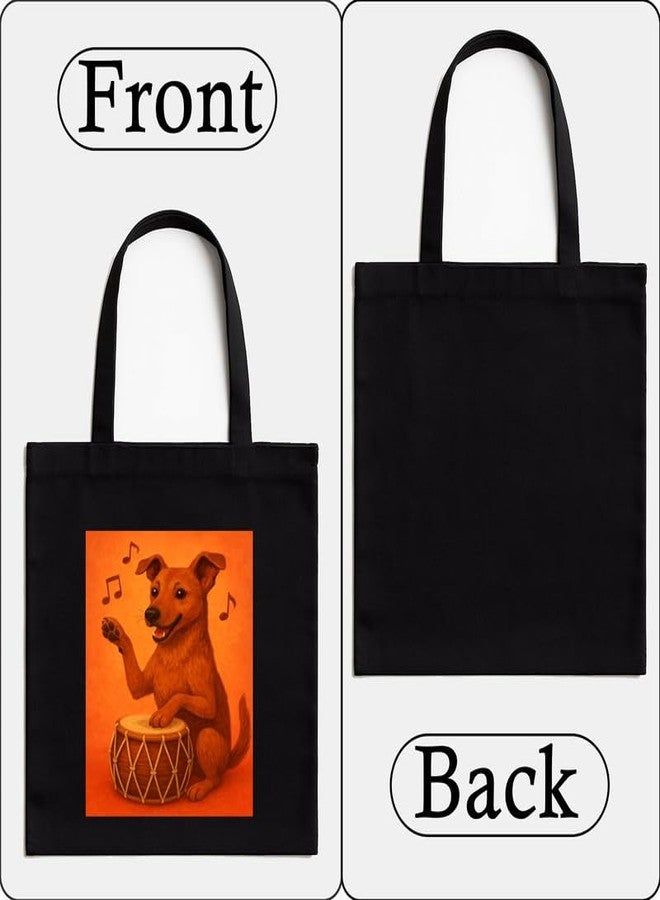 Megrok Drumming Dog Tote Bag for Women | Front A4 Size Printed Pocket | 16x14 Inch Musical Cotton Bag | Concert-Going Pet Lover - Image 4