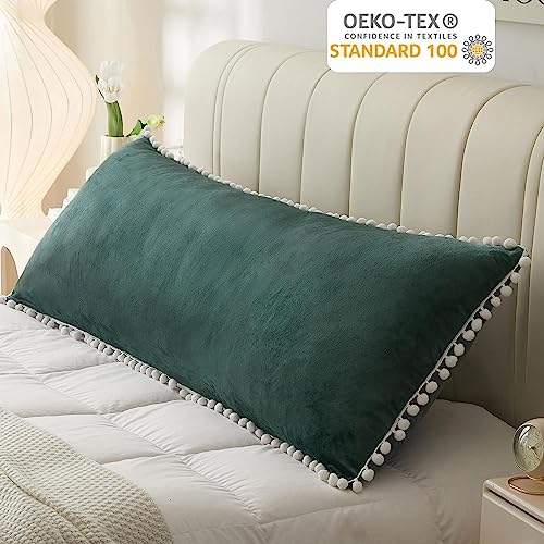 CottonFry Solid 250 TC Ultra Soft Velvet Body Pillow Cover/Case Pillowcase with Hidden Zipper, Zippered Body Pillow Case (Teal Green with Pompom, 20x54, 1 piece) - Image 3
