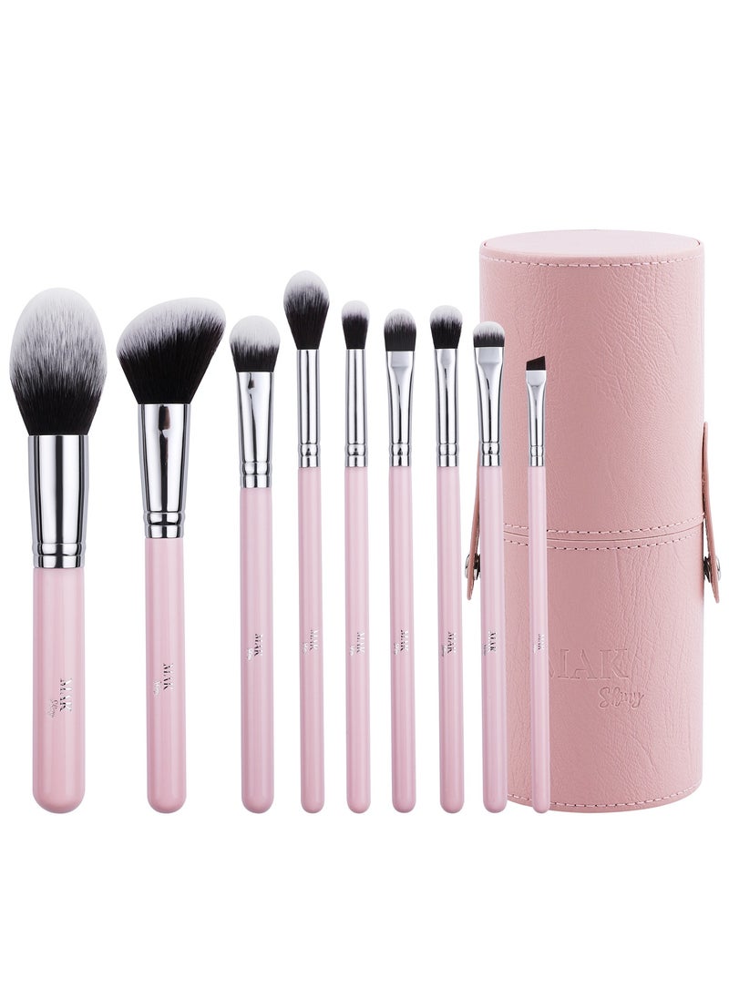 MAK Shiny Makeup Brushes 9 Pcs Set with Leather Case, Multi Use with Synthetic Hair (9 Pcs + Leather Case Holder)  - Image 1