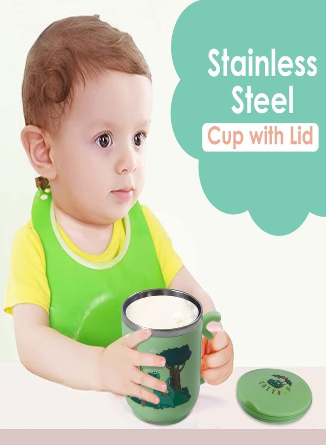 BabyMoo كوب حليب للأطفال من بيبي مو، بتصميم كرتوني، خالٍ من مادة BPA، مع غطاء، مصنوع من الفولاذ المقاوم للصدأ، بجدار مزدوج معزول بتفريغ الهواء، مناسب للأطفال الصغار - 270 مل (أخضر) - Image 2