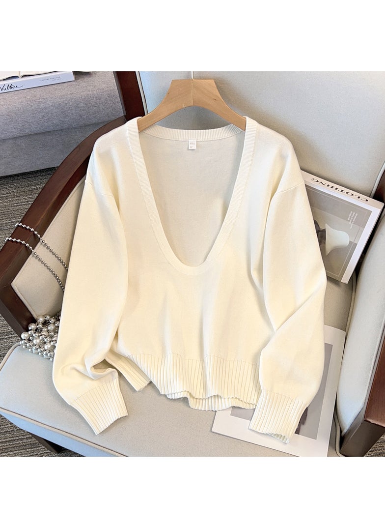 Soft Wool Blend U-Neck Knit Sweater Womens Loose Fit Fashion Beige - pzsku/ZD9F378B243DA44A948B3Z/45/_/1734108584/9162f9c7-d7a0-4bf7-87ff-2f17ad34f032