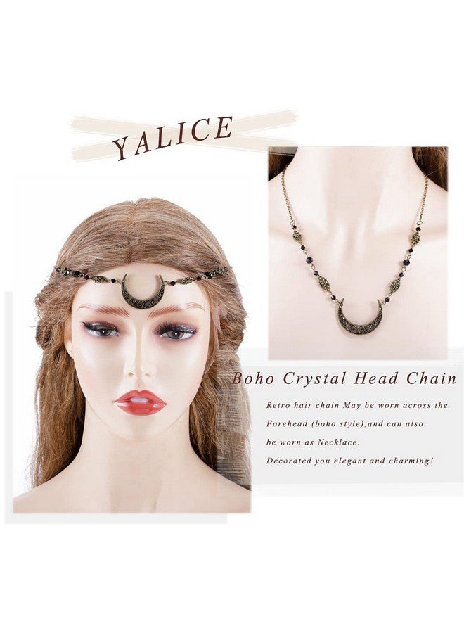 Yalice سلاسل رأس هلال بوهيمية عتيقة مزينة بحجر الراين الأسود إكسسوارات رأس ساحرة سلسلة شعر كريستالية للنساء والفتيات (برونز1) - Image 3