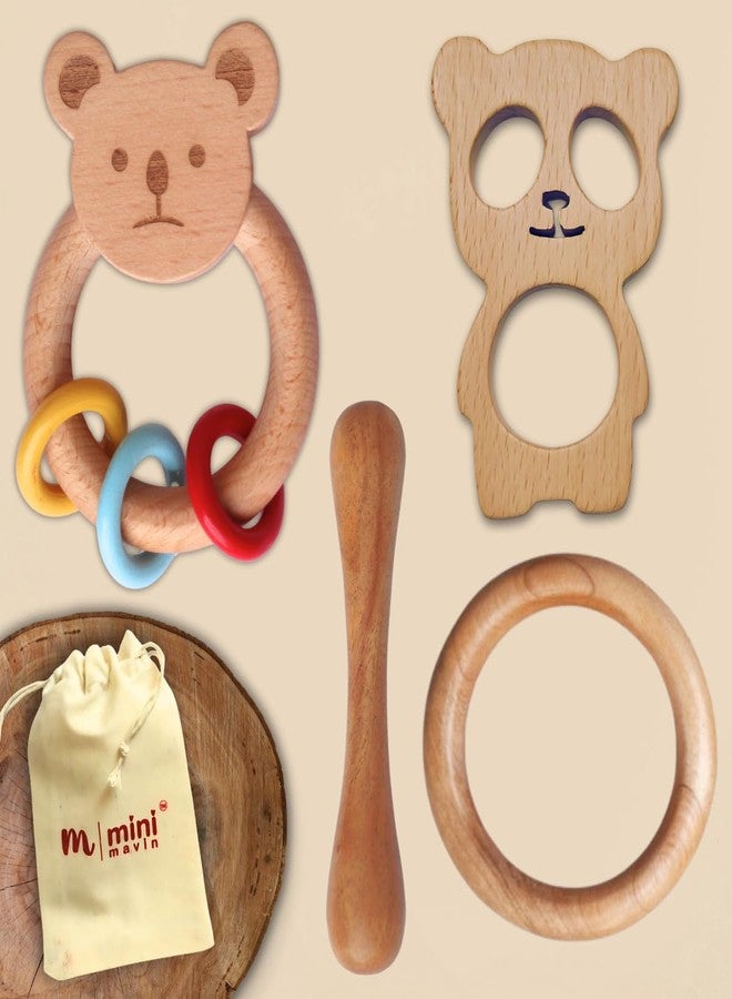 MINI MAVIN Minimavin Neem Wood Teether for Babies (0-12 Months) - Natural Wooden Teething Toy & Rattle | BPA Free Gum Relief & Easy Grip | Safe Baby Toys for Infants 3-6 to 6-12 Months (Koala Rattle_baby panda_Ring_Dumbell) - Set of 4) - Image 1
