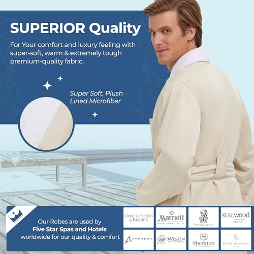 MONARCH Plush Lined Microfiber Bath Robe for Men or Women – Soft Microfiber Shell with Polyester Lining, Generously Sized Resort-Grade Spa & Hotel Robe with Pockets - Machine Washable (Natural) - Image 3