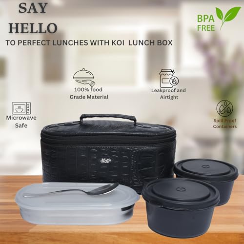 KOI TiffinPro Stainless Steel Tiffen Box for Office Set | Microwave Safe & Leakproof | Office Lunch Box | Insulated Bag, 2 Containers 450ml, Oval Container 400ml & Stainless Steel Spoon | Black - Image 2