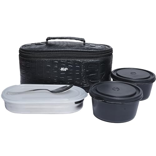 KOI TiffinPro Stainless Steel Tiffen Box for Office Set | Microwave Safe & Leakproof | Office Lunch Box | Insulated Bag, 2 Containers 450ml, Oval Container 400ml & Stainless Steel Spoon | Black - Image 1