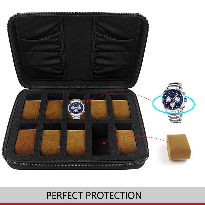 Comecase صندوق تنظيم الساعات Comecase بـ 10 فتحات / علبة عرض ساعات للرجال تناسب جميع الساعات حتى 42 مم مع 4 جيوب إضافية (أسود) - Image 4