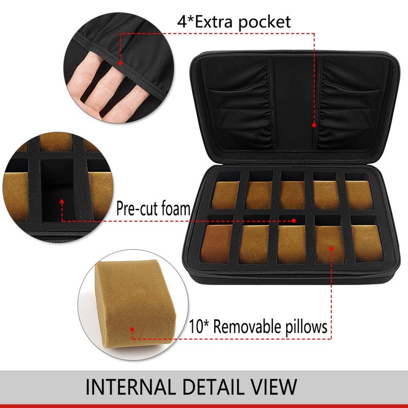 Comecase صندوق تنظيم الساعات Comecase بـ 10 فتحات / علبة عرض ساعات للرجال تناسب جميع الساعات حتى 42 مم مع 4 جيوب إضافية (أسود) - Image 3