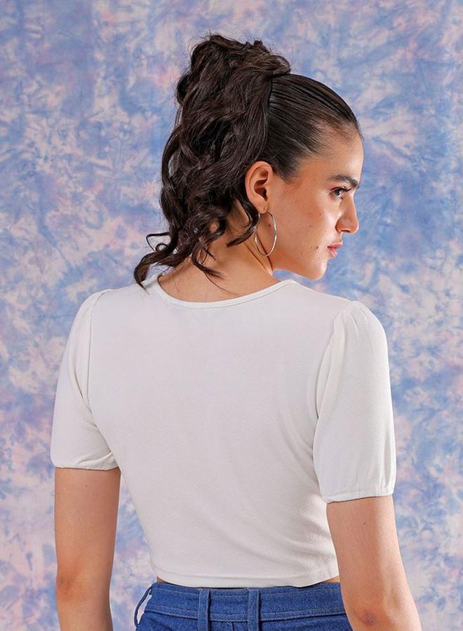 مرفوعة توب قصير أبيض نسائي مجسم بنقشة مميزة - Image 4