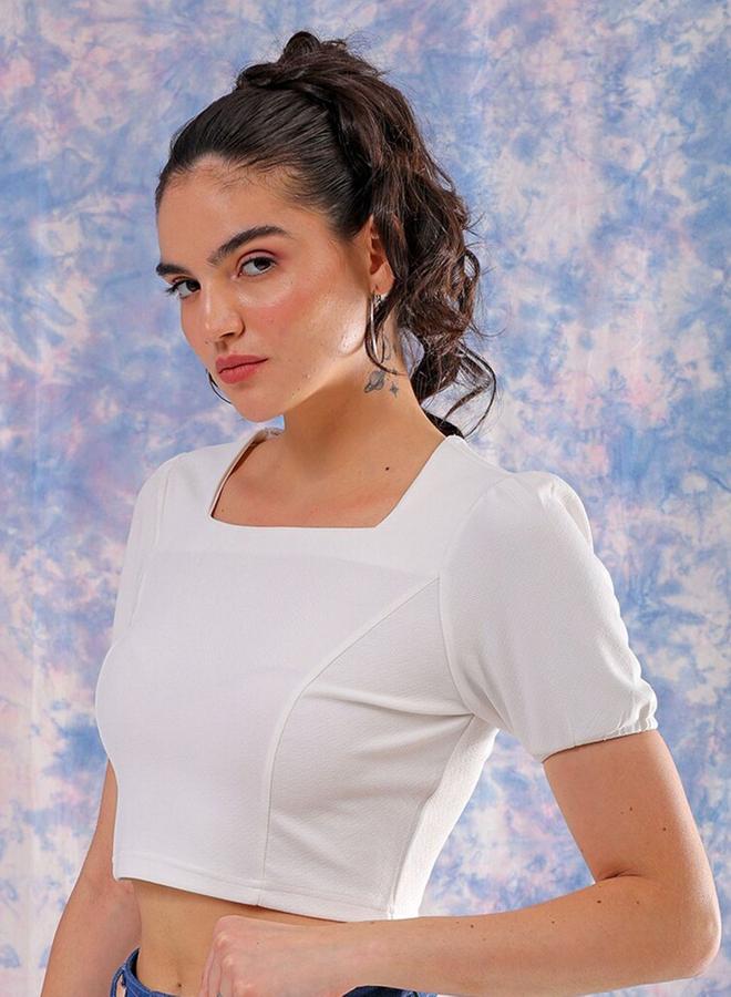 مرفوعة توب قصير أبيض نسائي مجسم بنقشة مميزة - Image 1