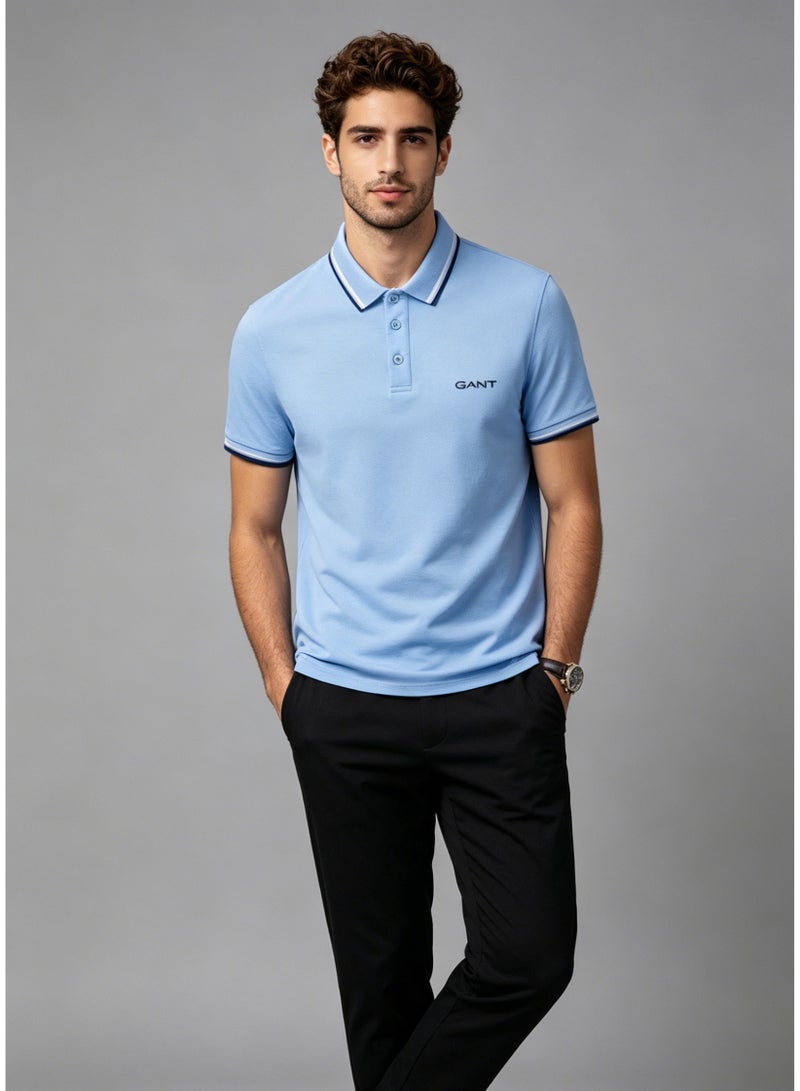 GANT Men's Short Sleeve Tipped Collar Polo Shirt, Casual Regular Fit, Light Blue - Image 5